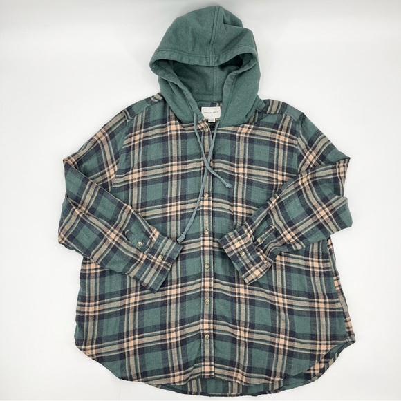 American Eagle Outfitters Grunge Green Plaid Buttoned Flannel Hoodie XL - Picture 1 of 9